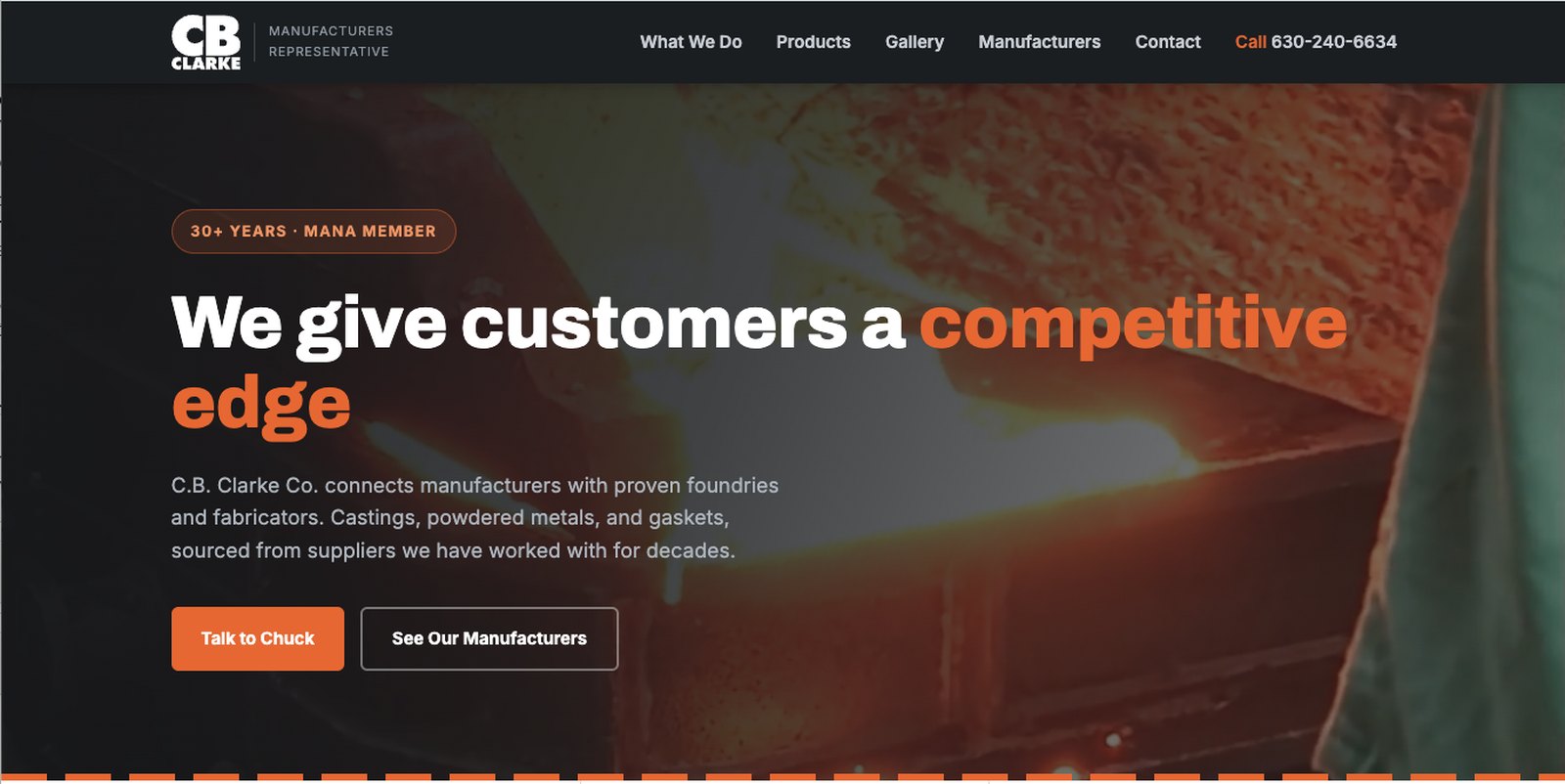 The C.B. Clarke Co. home page, with the headline over a photograph of a foundry pour