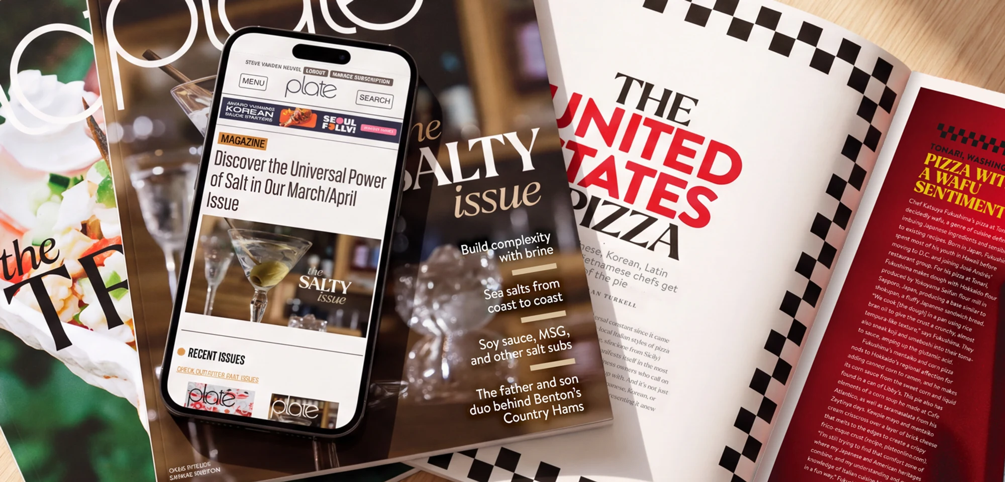 Plate magazine covers and a feature spread beside the responsive site on a phone